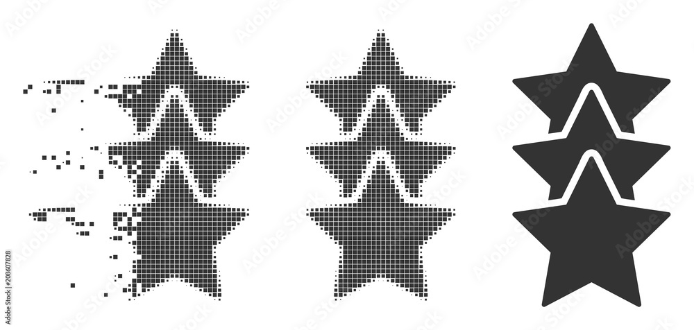 Poster grey vector rating stars icon in dispersed, pixelated halftone and undamaged entire versions. disapp