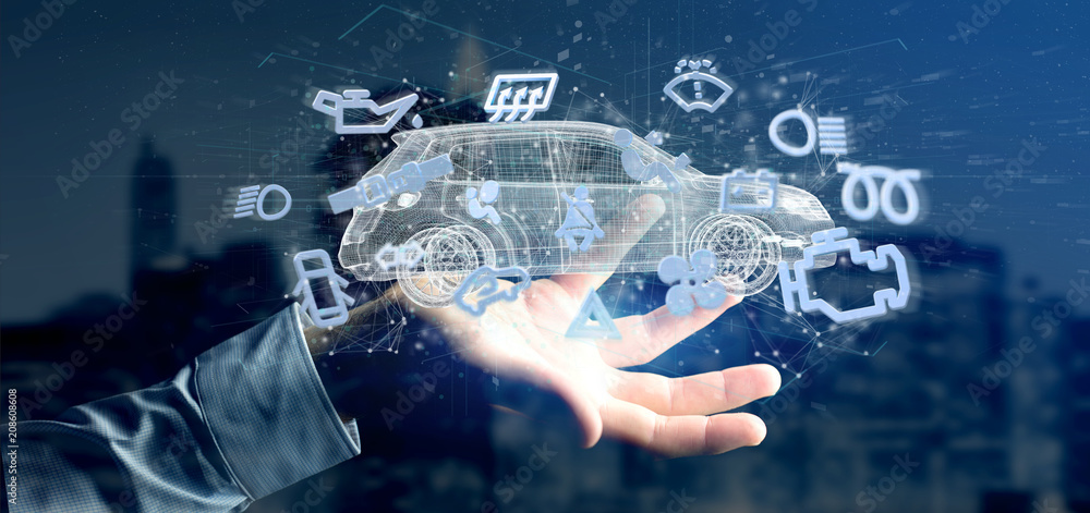 Poster man holding smartcar icon around an automobile 3d rendering