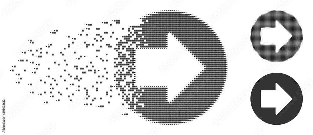 Poster gray vector right arrow icon in fractured, dotted halftone and undamaged entire variants. disintegra