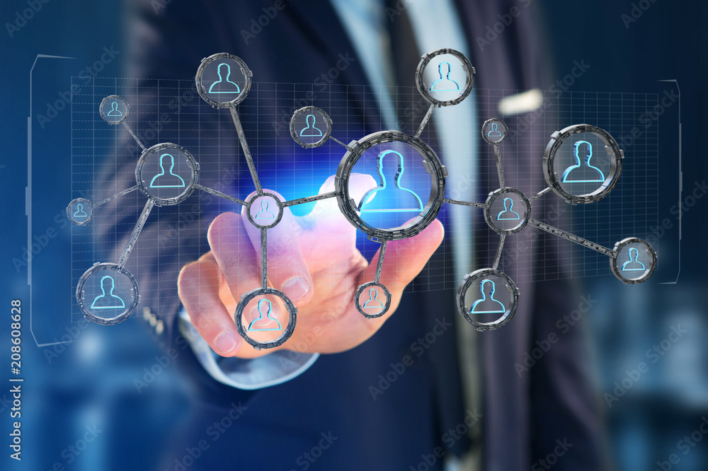 Aufkleber network connection with people linked each other in technology wheel - 3d rendering