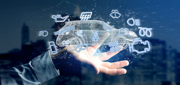 Man holding  Smartcar icon around an automobile 3d rendering
