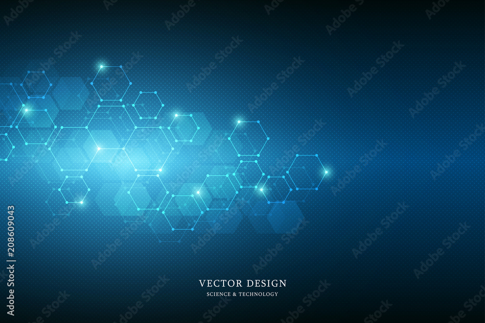 Wall mural Science background with hexagons design. Geometric abstract background with molecular structure. Medical, science and technology concepts.