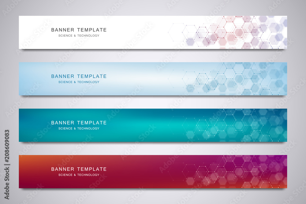 Poster Science, medical and digital technology header or banners. Geometric abstract background with hexagons design. Molecular structure and communication vector illustration.