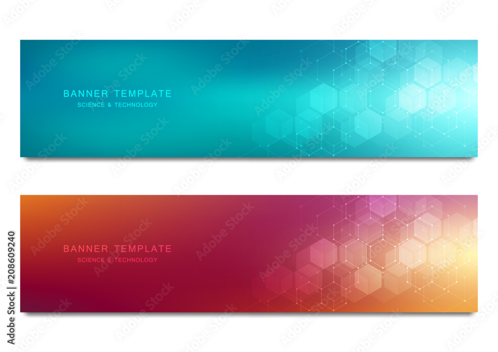 Aufkleber Science, medical and digital technology header or banners. Geometric abstract background with hexagons design. Molecular structure and communication vector illustration.