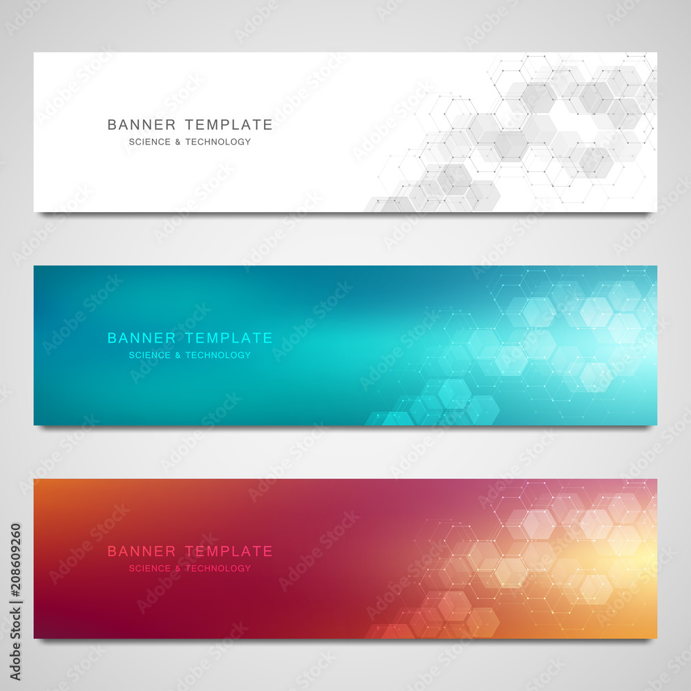 Poster science, medical and digital technology header or banners. geometric abstract background with hexago