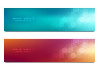 Science, medical and digital technology header or banners. Geometric abstract background with hexagons design. Molecular structure and communication vector illustration.