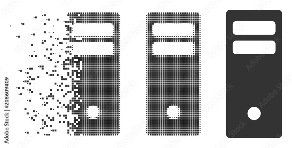 Poster grey vector server mainframe icon in dispersed, dotted halftone and undamaged whole variants. disapp