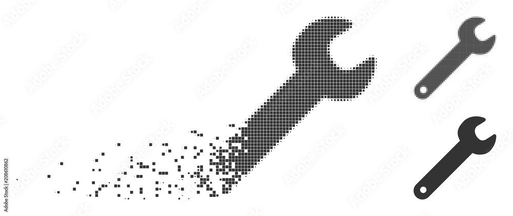 Poster grey vector spanner icon in fractured, pixelated halftone and undamaged entire variants. disappearin