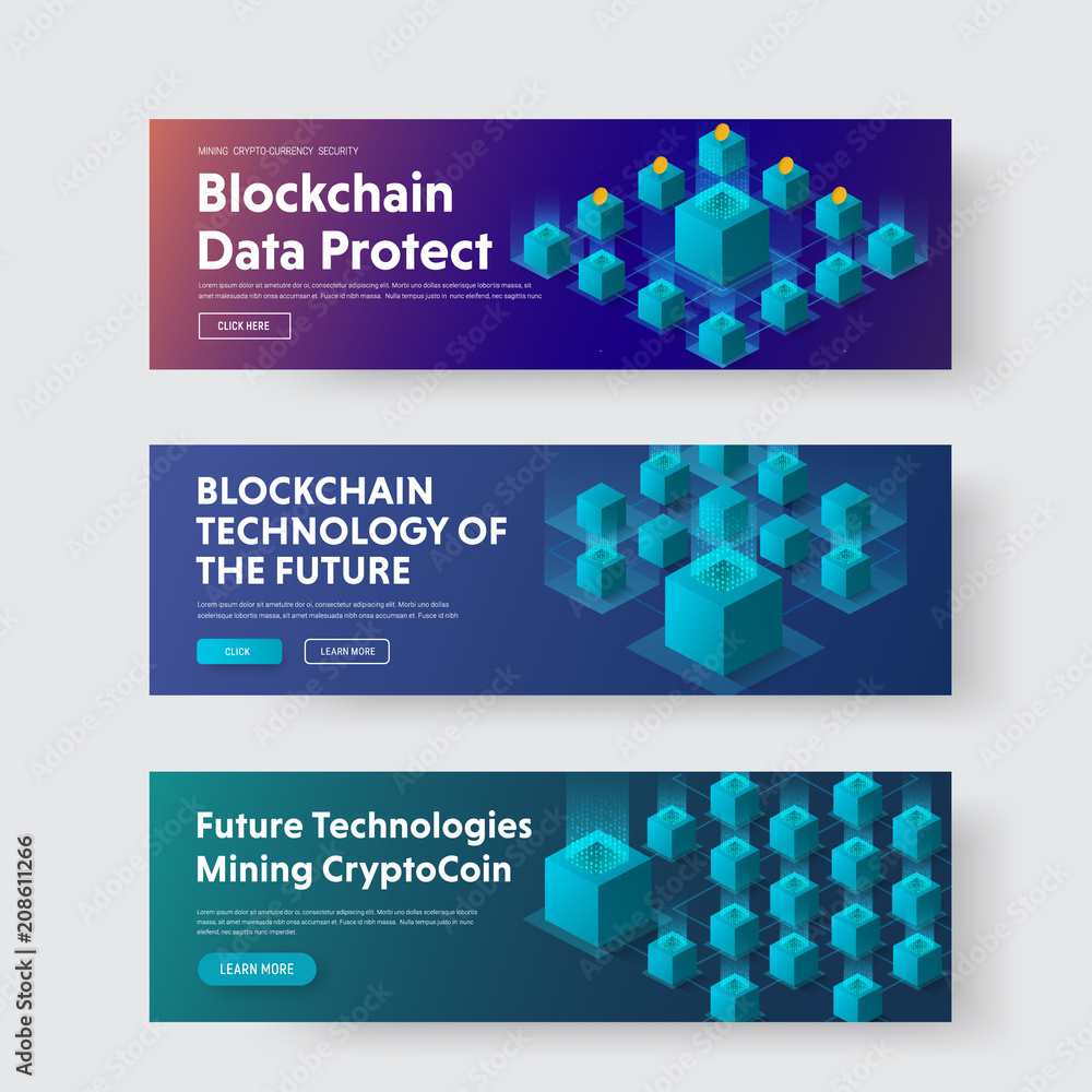 Poster set of horizontal web banners with isometric illustration of a blockchaine system.