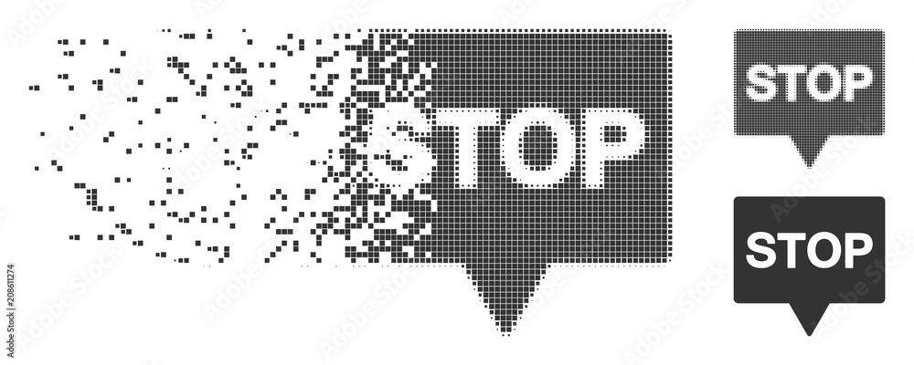Poster gray vector stop banner icon in fractured, dotted halftone and undamaged solid versions. disintegrat