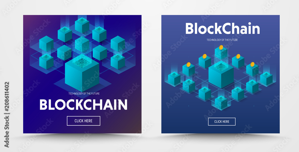 Poster template for a social media vector banner with an isometric illustration of a blockchaine technology