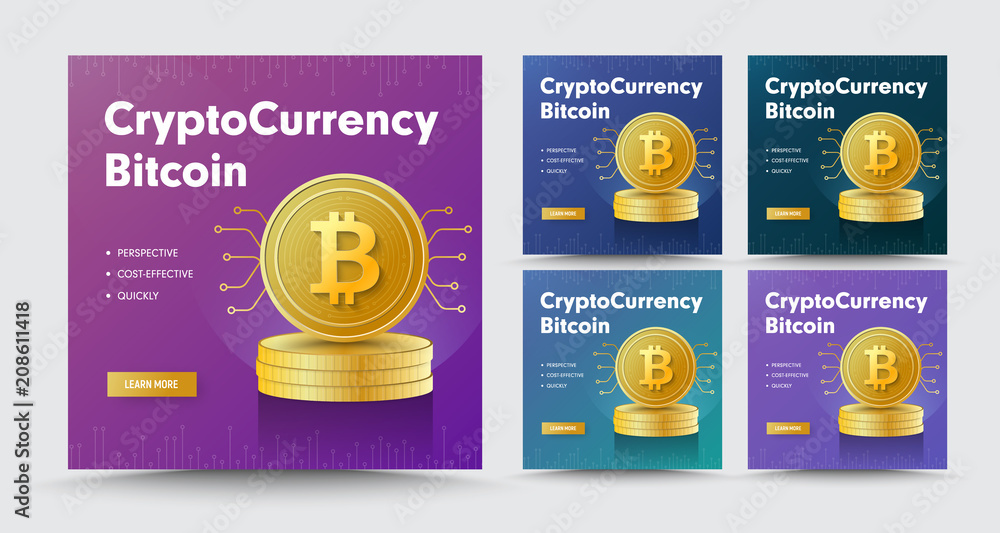 Poster template of social media vector square banner with a stack of gold coins crypto currency bitcoin.