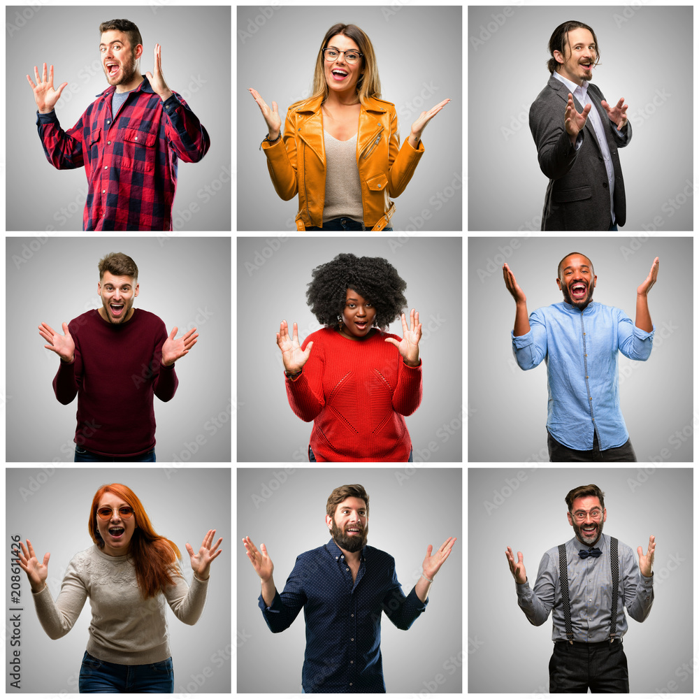 Poster Group of mixed people, women and men happy and surprised cheering expressing wow gesture