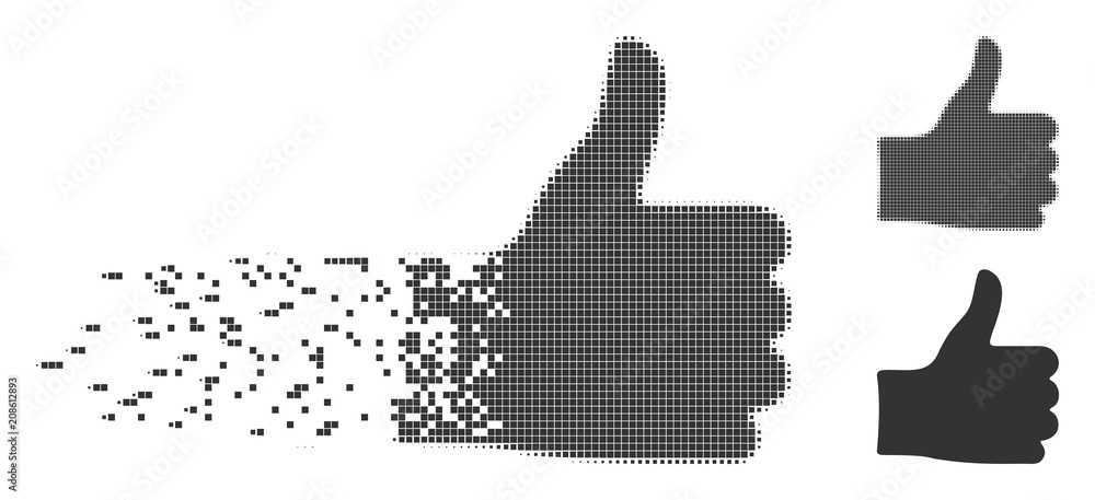 Poster gray vector thumb up icon in fractured, dotted halftone and undamaged entire versions. disintegratio