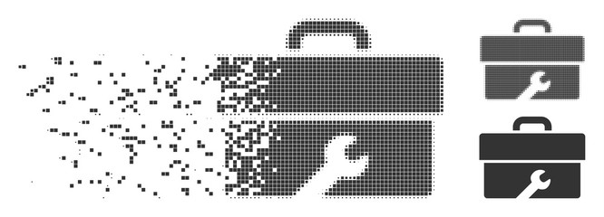 Gray vector toolbox icon in fractured, pixelated halftone and undamaged solid versions. Disintegration effect uses rectangular dots. Pixels are grouped into dissipated toolbox pictogram. - obrazy, fototapety, plakaty