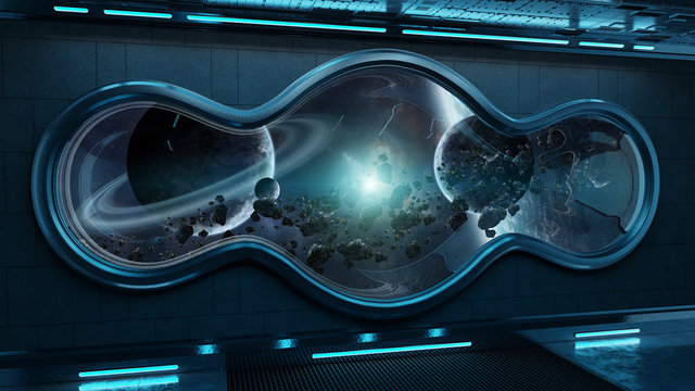 Black tech spaceship round window interior background 3D rendering