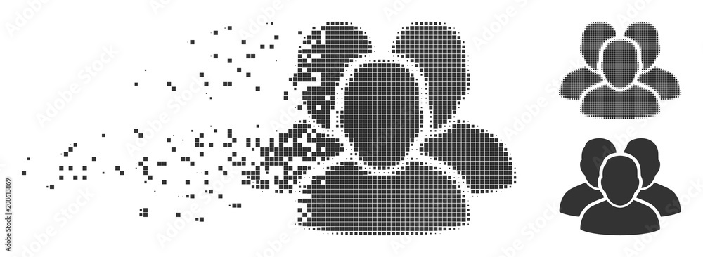 Poster grey vector user group icon in fractured, pixelated halftone and undamaged whole versions. disintegr