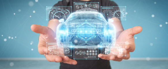 Businessman using modern smart car interface 3D rendering