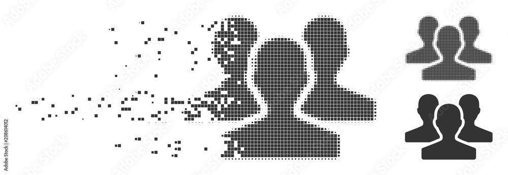 Poster grey vector users icon in dispersed, dotted halftone and undamaged whole versions. disintegration ef