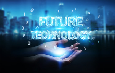 Businesswoman using future technology text interface 3D rendering