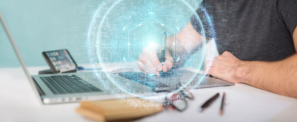 Graphic designer using digital sphere connection hologram 3D rendering