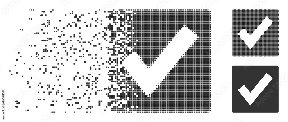 Poster grey vector valid icon in dispersed, dotted halftone and undamaged whole versions. disintegration ef