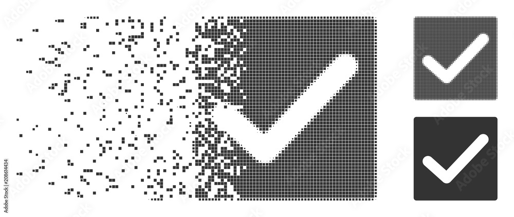 Poster grey vector valid tick icon in dissolved, dotted halftone and undamaged entire variants. disintegrat