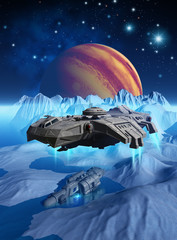 spaceship that explores the surface of the frozen moon Europa, around jupiter planet, looking for a wreck, 3d render © Tiziano Cremonini