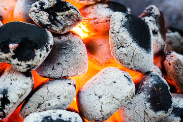 Arranged coals (selective focus) ready for barbecue