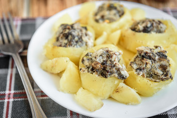 Stewed potatoes with chicken minced meat and mushrooms on white plate.