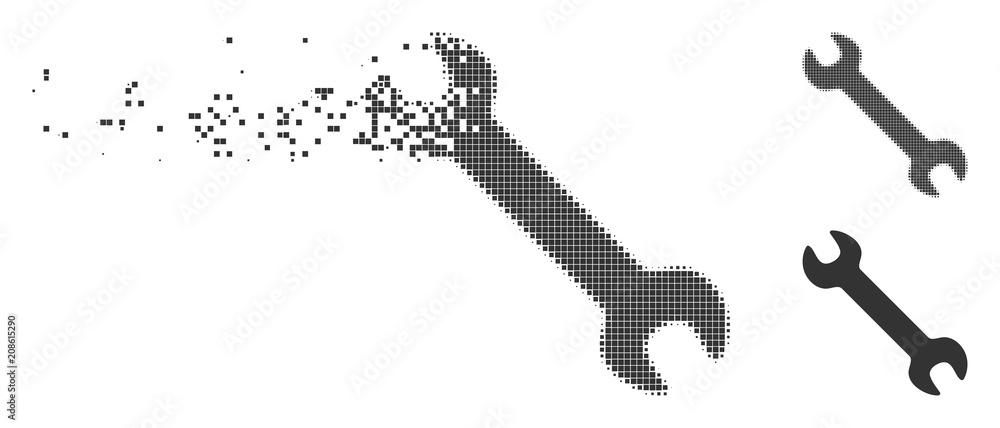 Poster grey vector wrench icon in dispersed, dotted halftone and undamaged solid versions. disappearing eff