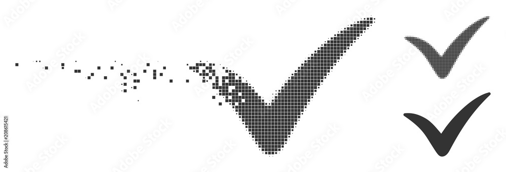 Poster gray vector yes icon in dissolved, pixelated halftone and undamaged whole variants. disintegration e