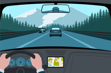Obraz premium Widok drogi z ilustracji wektorowych wnętrza samochodu.