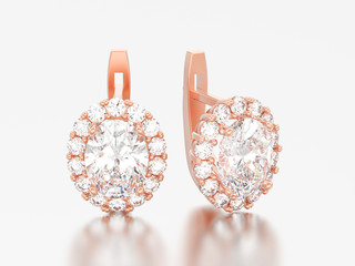 3D illustration rosegold diamond earrings with oval gemstone with hinged lock