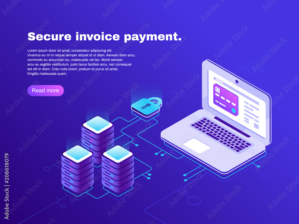 Poster electronic billing connection of laptop and database. secure invoice payment. electronics transactio