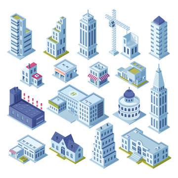 Skyscraper building and business office at downtown district. Architecture town buildings for city map 3d isometric vector set