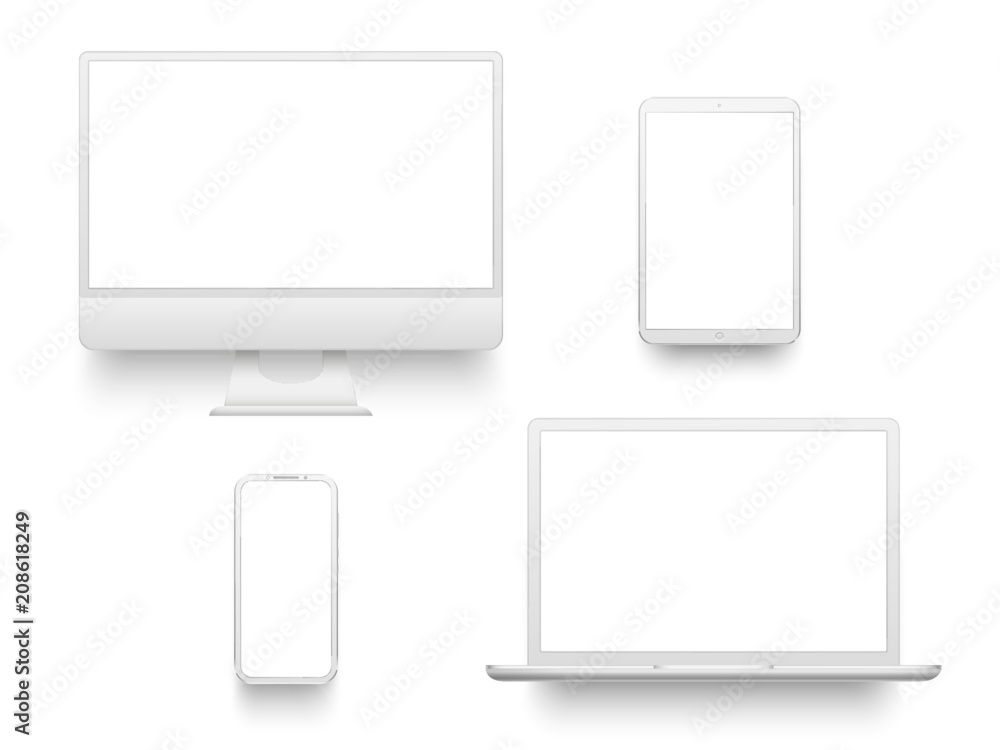 Poster white desktop computer display screen smartphone tablet portable notebook or laptop. mockup electron