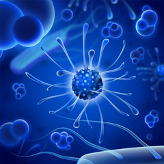 Microscopic bacteria. Bacterium microorganism, viruses and microbes backdrop. Microbiology virus science 3d vector background