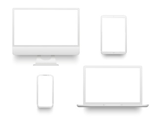 White desktop computer display screen smartphone tablet portable notebook or laptop. Mockup electronics devices vector set