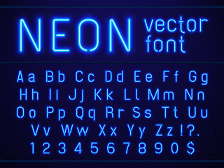 Bright glowing blue neon alphabet letters and numbers font. Nightlife entertainments, modern bars, casino illuminated vector signs - obrazy, fototapety, plakaty