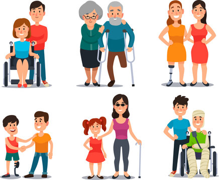 Caring disabled person. Handicapped people with group of friends. Friendly help and care to disability man or woman cartoon vector set