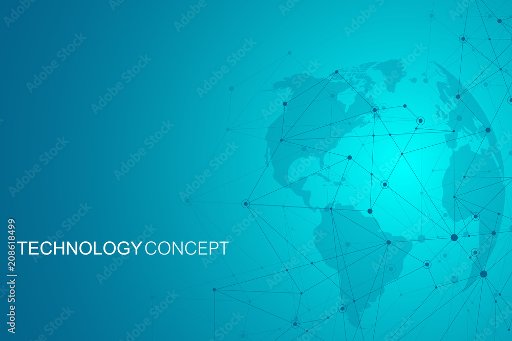 Poster Global network connections with world map. Internet connection background. Abstract connection structure. Polygonal space background. Vector illustration.