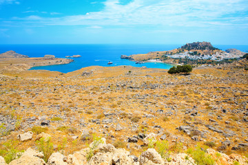 Idyllic bay near Lindos on Rhodes Island, Mediterranean Sea, Greece