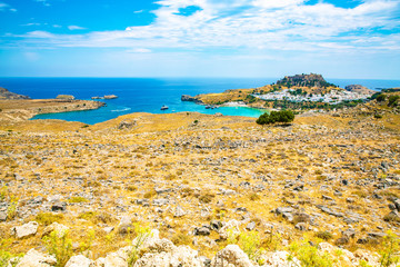 Scenic coast and Lindos Castle on Rhodes Island, Mediterranean Sea, Greece