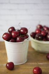Cherries in a bowl on a wooden table