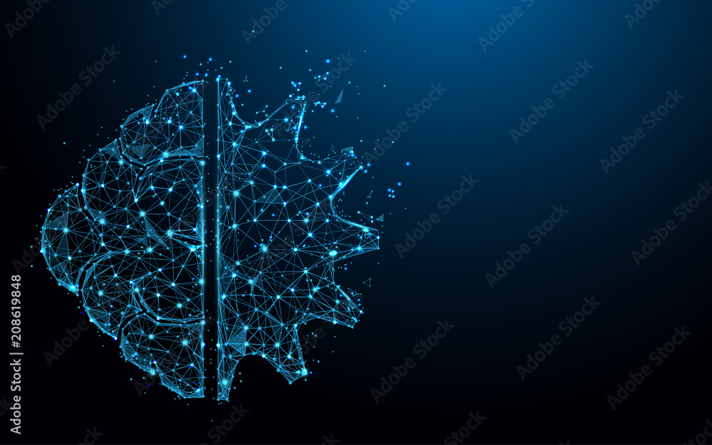 Poster brain and gear cog form lines, triangles and particle style design. illustration vector