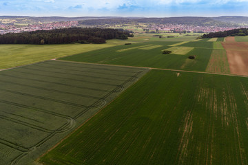 Luftbild Wiesen und Felder im Frühling