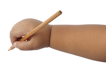 Boy hand writing with pencil isolated clipping path