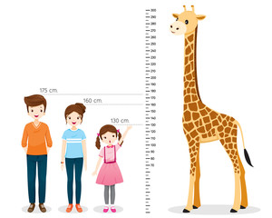 Man, Woman, Girl Measuring Height With Giraffe, Tall, Healthy, Care, People, Lifestyle