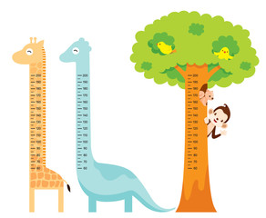 Measured Height Set With Giraffe, Dinosaur, Bird, Monkey, Squirrel, And Tree, Tall, Healthy, Care, People, Lifestyle